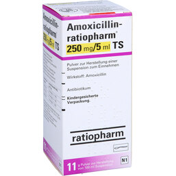 Abbildung: Amoxicillin ratiopharm 250mg / 5ml TS Granulat Suspension-Herstellung 100 ml, Pulver zur Herstellung einer Suspension zum Einnehmen PZN 03525915