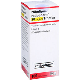 Abbildung: Nifedipin ratiopharm 20 mg / ml Tropfen zum Einnehmen 100 ml, Tropfen zum Einnehmen PZN 03552295