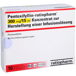 Abbildung: Pentoxifyllin ratiopharm 300mg / 15ml Infusionslösung -K. 10X15 ml, Infusionslösungskonzentrat PZN 03639292
