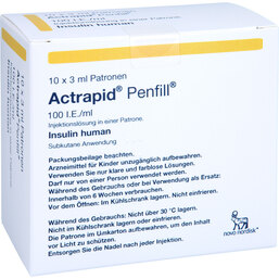 Abbildung: Actrapid Penfill 100 I.E. / ml Injektionslösung in einer Patrone 10X3 ml, Zylinderampullen PZN 03647334