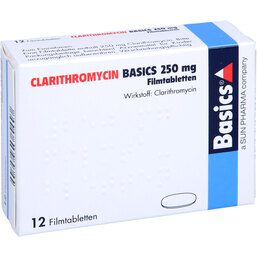 Abbildung: Clarithromycin Basics 250 mg Filmtabletten 12 St, Filmtabletten PZN 03648204