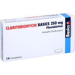 Abbildung: Clarithromycin Basics 250 mg Filmtabletten 14 St, Filmtabletten PZN 03648210