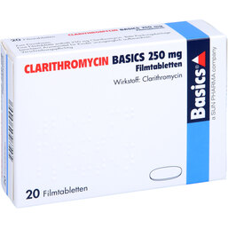 Abbildung: Clarithromycin Basics 250 mg Filmtabletten 20 St, Filmtabletten PZN 03648428