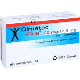 Abbildung: Olmetec Plus 20 mg / 12,5 mg Filmtabletten 98 St, Filmtabletten PZN 03709325