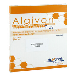 Abbildung: Algivon Plus Honigalginat Wundauflage 5x5 cm 5 St, Wundgaze PZN 03723963