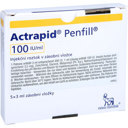 Abbildung: Actrapid Penfill 100 I.E. / ml Injektionslösung in einer Patrone 5X3 ml, Zylinderampullen PZN 03743173