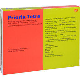 Abbildung: Priorix Tetra 0,5 ml Fertigspritze mit Tr.Subst. + Lösung mit 10X1 St, Pulver u. Lösungsmittel zur Herstellung einer Injektionslsg. PZN 03754656