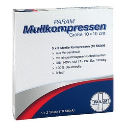Abbildung: Mullkompressen 10x10 cm 8-fach steril 5X2 St, Kompressen PZN 03856109