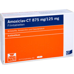 Abbildung: Amoxiclav-CT 875 mg / 125 mg Filmtabletten 20 St, Filmtabletten PZN 03856629