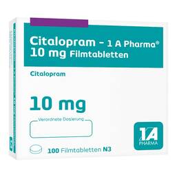 Abbildung: Citalopram 1A Pharma 10 mg Filmtabletten 100 St, Filmtabletten PZN 03872858