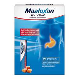 Abbildung: Maaloxan 25 Mval bei Sodbrennen Beutel Karamell Suspension, 20X10 ml PZN 03885370