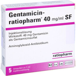 Abbildung: Gentamicin ratiopharm 40mg / ml Injektionslösung SF Ampullen 5 St, Injektionslösung PZN 03928174