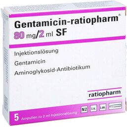 Abbildung: Gentamicin ratiopharm 80mg / 2ml Injektionslösung SF Ampullen 5 St, Injektionslösung PZN 03928180