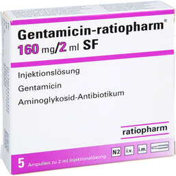 Abbildung: Gentamicin ratiopharm 160mg /  5X2 ml, Injektionslösung PZN 03942435