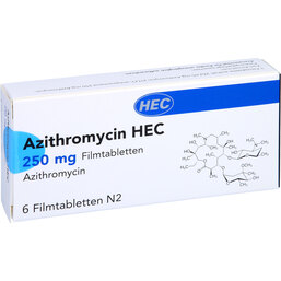 Abbildung: Azithromycin Hec 250 mg Filmtabletten 6 St, Filmtabletten PZN 03979734