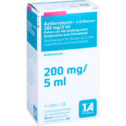 Abbildung: Azithromycin 1A Ph.200mg / 5ml Pulver zur Suspensionsherstellung 30 ml, Pulver zur Herstellung einer Suspension zum Einnehmen PZN 04044336