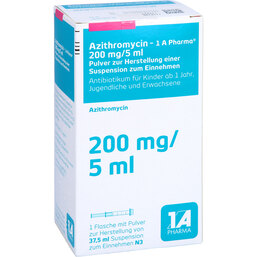Abbildung: Azithromycin 1A Ph.200mg / 5ml Pulver zur Suspensionsherstellung 37.5 ml, Pulver zur Herstellung einer Suspension zum Einnehmen PZN 04044342