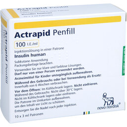 Abbildung: Actrapid Penfill 100 I.E. / ml Injektionslösung in einer Patrone 10X3 ml, Zylinderampullen PZN 04091407
