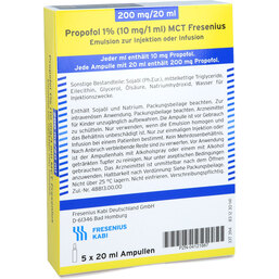Abbildung: Propofol 1% 10mg / 1ml Mct Fres.Em.z.Injektion und Infusion G-Amp 5X20 ml, Emulsion PZN 04121887