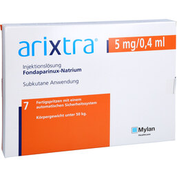 Abbildung: Arixtra 5 mg / 0,4 ml Injektionslösung in einer Fertigspritze 7X0.4 ml, Injektionslösung PZN 04191818