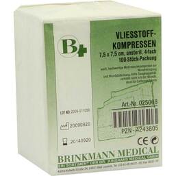 Abbildung: Vliesstoff-Kompressen 7,5x7,5 cm unsteril 4fach 100 St, Kompressen PZN 04243805