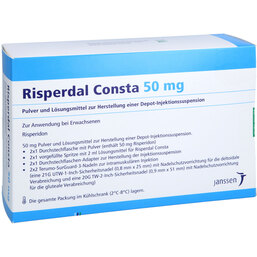 Abbildung: Risperdal Consta 50 mg Trockensubstanz mit Lösungsmittel 2 St, Pulver und Lösungsmittel zur Herstellung einer Depot-Injektionssuspension PZN 04301572