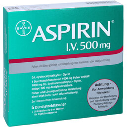 Abbildung: Aspirin i.v. 500 mg Pulver + Lösm.z.H.einer Injektion / Infusionslsg 5 St, Pulver u Lösungsm. z. Herst. e.Injektions- bzw. Infusionsl. PZN 04324188