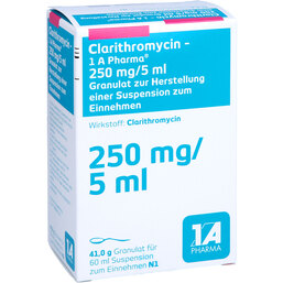 Abbildung: Clarithromycin 1A Ph.250mg / 5 60 ml, Granulat zur Herstellung einer Suspension zum Einnehmen PZN 04332377