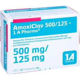 Abbildung: Amoxiclav 500 / 125 1A Pharma Filmtabletten 10 St, Filmtabletten PZN 04492282