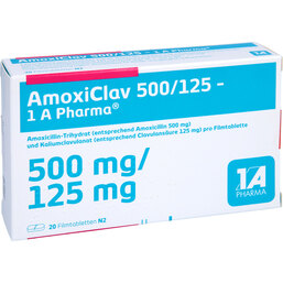 Abbildung: Amoxiclav 500 / 125 1A Pharma Filmtabletten 20 St, Filmtabletten PZN 04492299