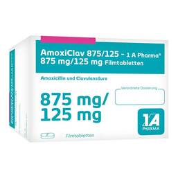 Abbildung: Amoxiclav 875 / 125 1A Pharma Filmtabletten 10 St, Filmtabletten PZN 04492371