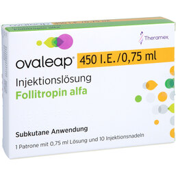 Abbildung: Ovaleap 450 I.E. / 0,75 ml Zyl.Ampulle + 10 Pen Injektion Nad. 1 St, Injektionslösung PZN 04533199