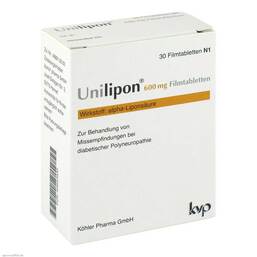 Abbildung: Unilipon 600 mg Filmtabletten 30 St, Filmtabletten PZN 04643930