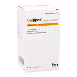 Abbildung: Unilipon 600 mg Filmtabletten 60 St, Filmtabletten PZN 04643947
