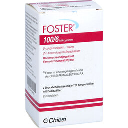 Abbildung: Foster 100 / 6 µg 120 Hub Dosieraerosol 2 St, Dosieraerosol PZN 04704620