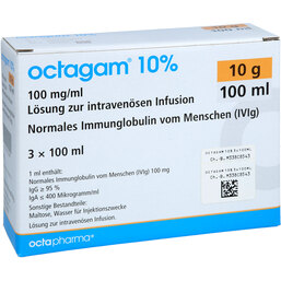 Abbildung: Octagam 10% 3x10 g Igg Lösung z.intravenös.Infus. 3X100 ml, Infusionslösung PZN 04712298