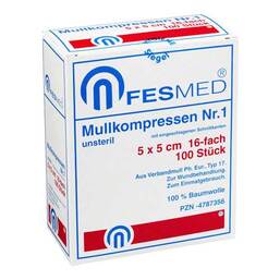 Abbildung: Mullkompressen ES 5x5 cm unsteril 16-fach Größe 1 100 St, Kompressen PZN 04787356