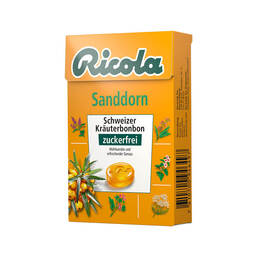 Abbildung: Ricola ohne Zucker Box Sanddorn Bon Bonbons, 50 g PZN 04968508