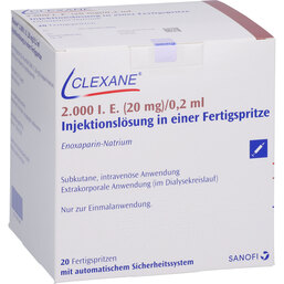 Abbildung: Clexane 20 mg 0,2 ml Injektionslösung in einer Fertigspritze mit Sicherheitssystem 20 St, Injektionslösung in einer Fertigspritze PZN 05013289