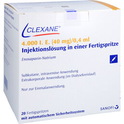 Abbildung: Clexane 40 mg 0,4 ml Injektionslösung in einer Fertigspritze mit Sicherheitssystem 20 St, Injektionslösung in einer Fertigspritze PZN 05013361