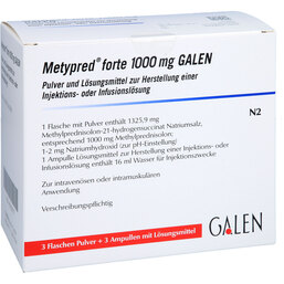 Abbildung: Metypred forte 1000 mg Galen Trockensubstanz mit Lösungsmittel 3X1 St, Pulver u Lösungsm. z. Herst. e.Injektions- bzw. Infusionsl. PZN 05020757