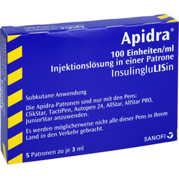 Abbildung: Apidra 100 E / ml Patrone Zylinderampullen 5X3 ml, Zylinderampullen PZN 05387630