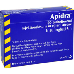 Abbildung: Apidra 100 E / ml Patrone Zylinderampullen 10X3 ml, Zylinderampullen PZN 05387647