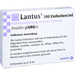 Abbildung: Lantus 100 E / ml Patrone Zylinderampullen 5X3 ml, Injektionslösung PZN 05387771