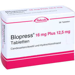 Abbildung: Blopress 16 mg plus 12,5 mg Tabletten 98 St, Tabletten PZN 05395948