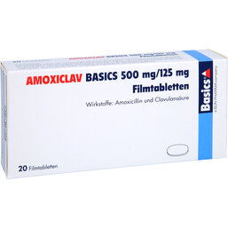 Abbildung: Amoxiclav Basics 500 mg / 125 mg Filmtabletten 20 St, Filmtabletten PZN 05458100