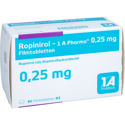 Abbildung: Ropinirol 1A Pharma 0,25 mg Filmtabletten 84 St, Filmtabletten PZN 05460226