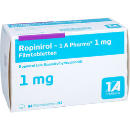Abbildung: Ropinirol 1A Pharma 1 mg Filmtabletten 84 St, Filmtabletten PZN 05460261
