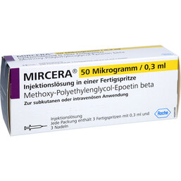 Abbildung: Mircera 50 Mikrogramm / 0,3 ml Injektionslösung i.e.Fert.-S. 3 St, Injektionslösung in einer Fertigspritze PZN 05484557