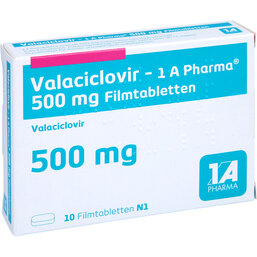 Abbildung: Valaciclovir 1A Pharma 500 mg Filmtabletten 10 St, Filmtabletten PZN 05486272